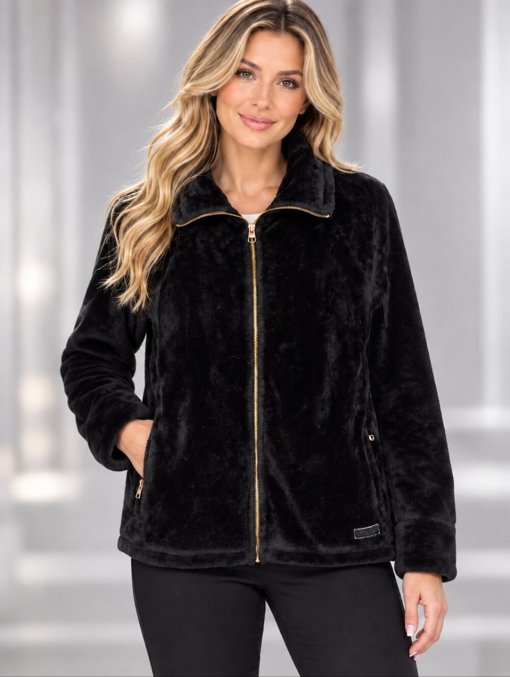 Calvin Klein Performance Plush Zip-Front Black Faux-Fur Jacket